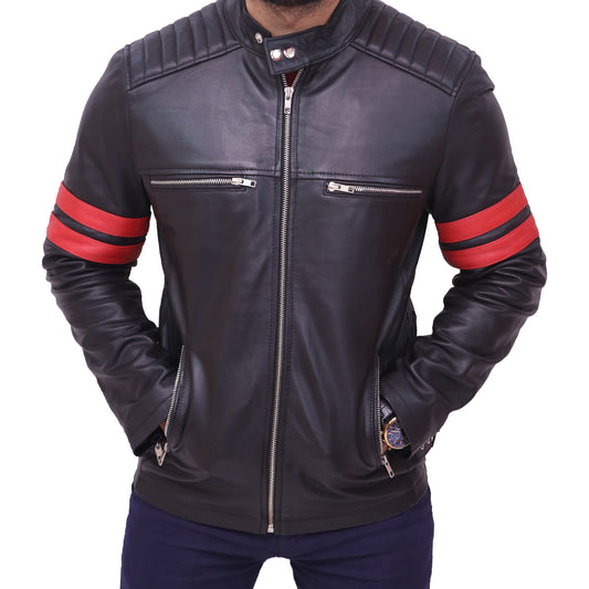Black leather jacket with red stripes on sleeves on a white background