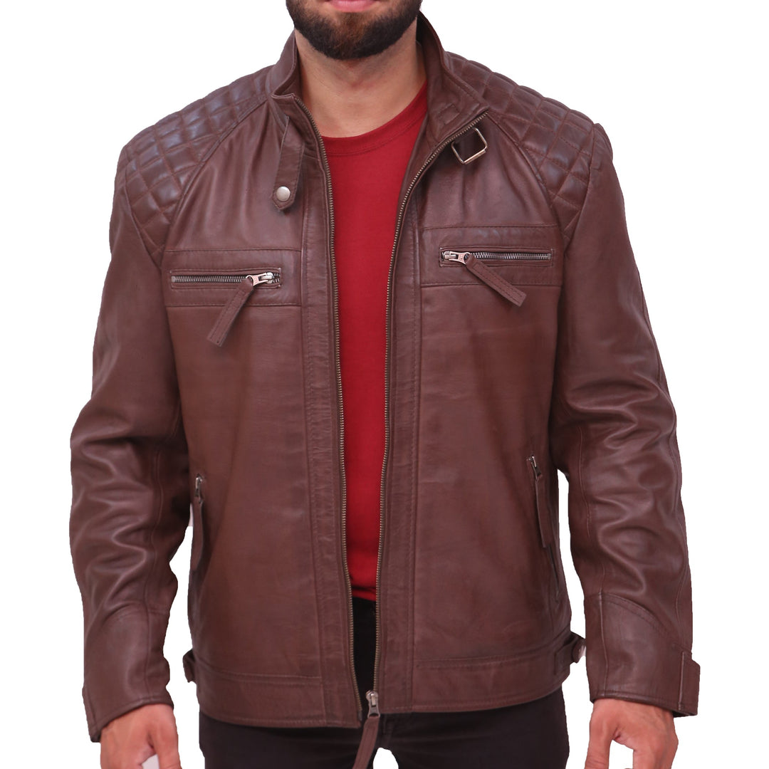 Men's Sheepskin Leather Quilted Brown Jacket