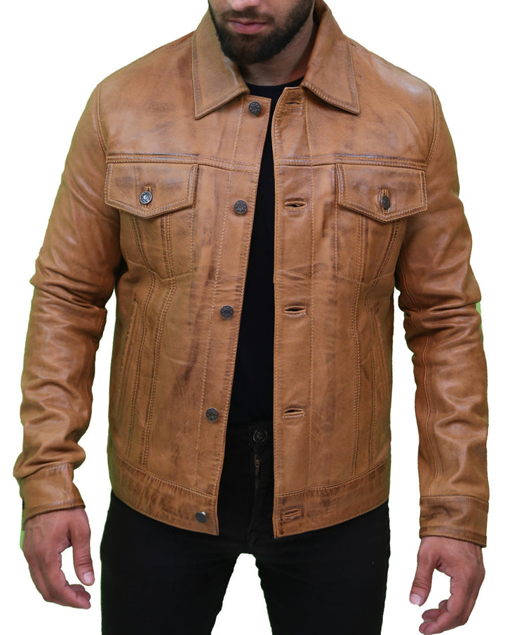 Mens Camel Brown Trucker Leather Jacket