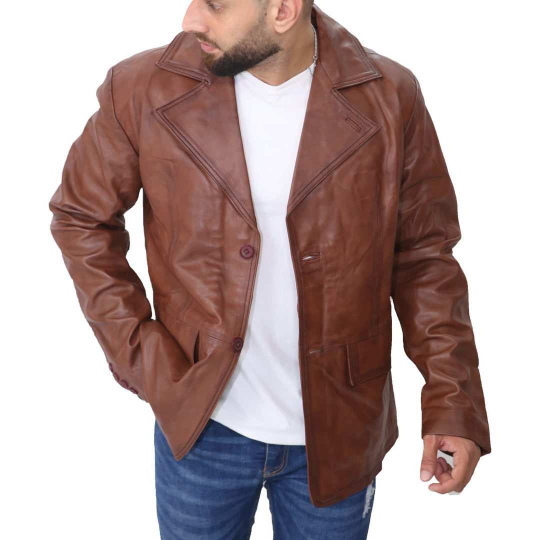 Men's Brown Leather Blazer Coat