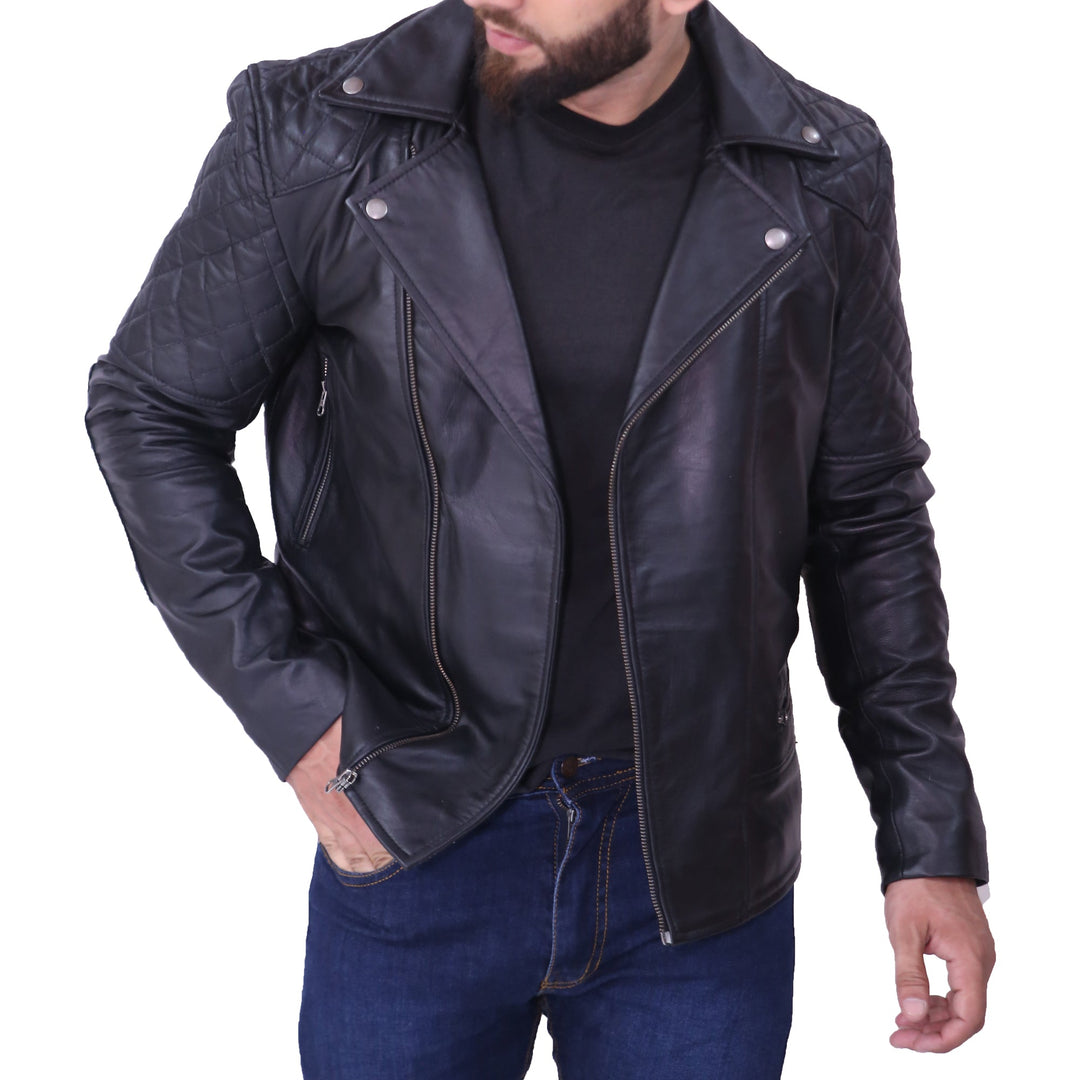 Mens Biker Black Quilted Leather Jacket