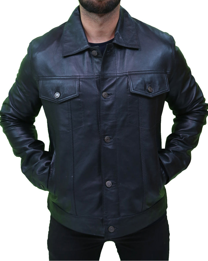 Vintage Men's Black Leather Trucker Jacket