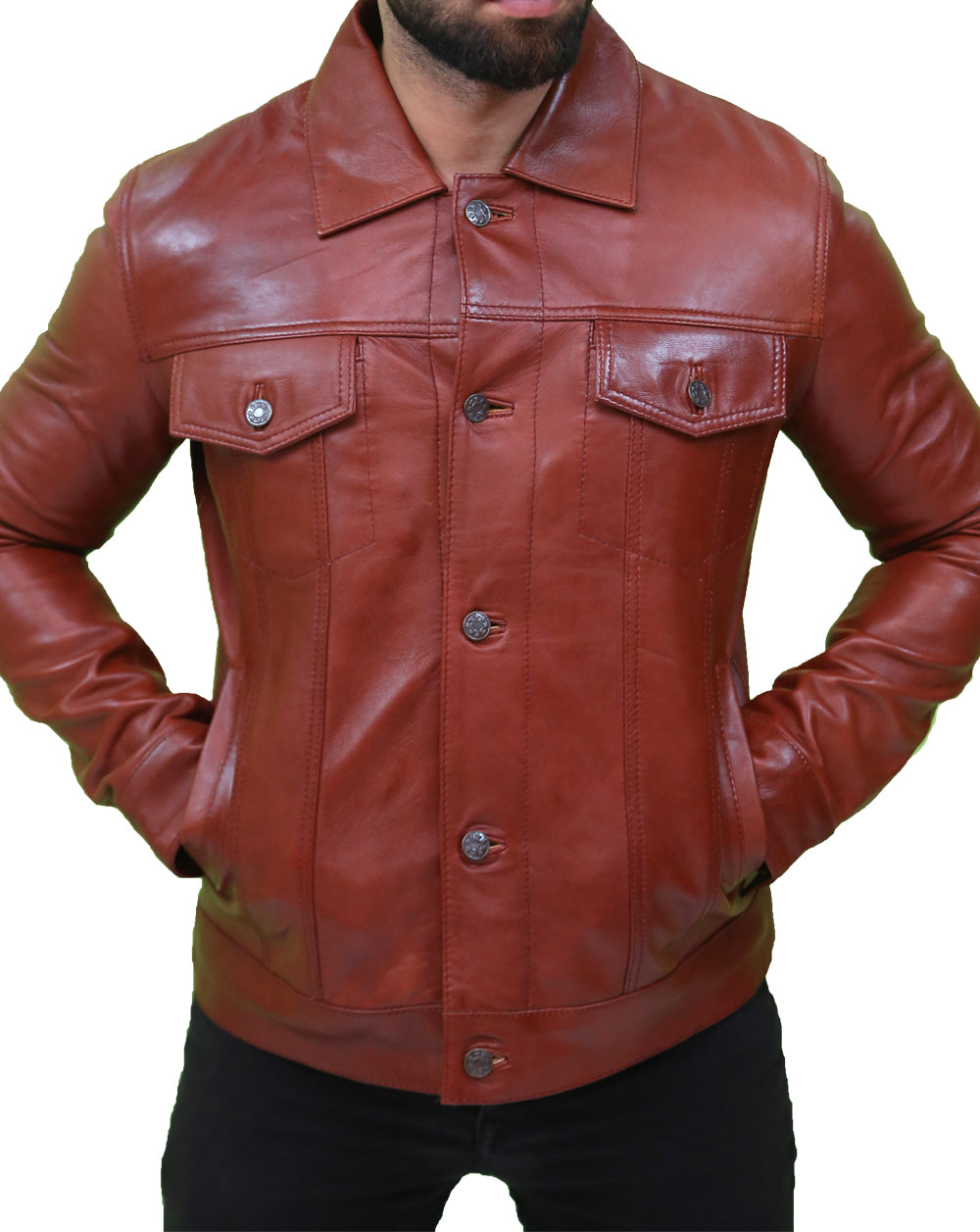 Mens Vintage Classic Brown Leather Trucker Jacket