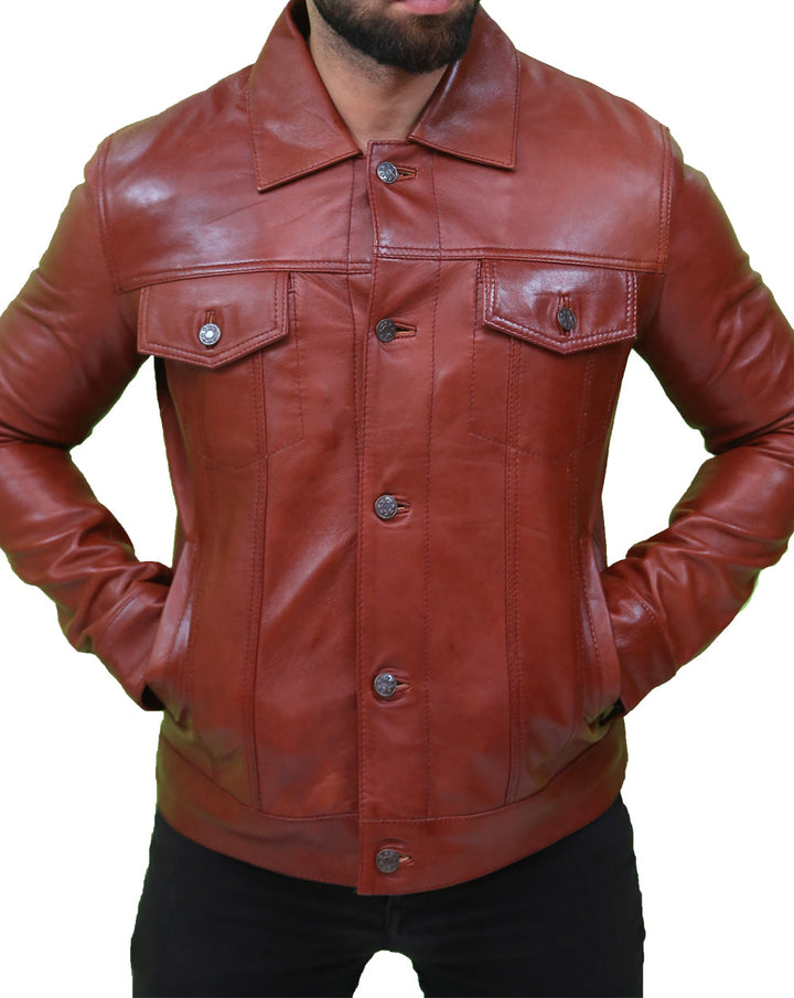 Mens Vintage Classic Brown Leather Trucker Jacket