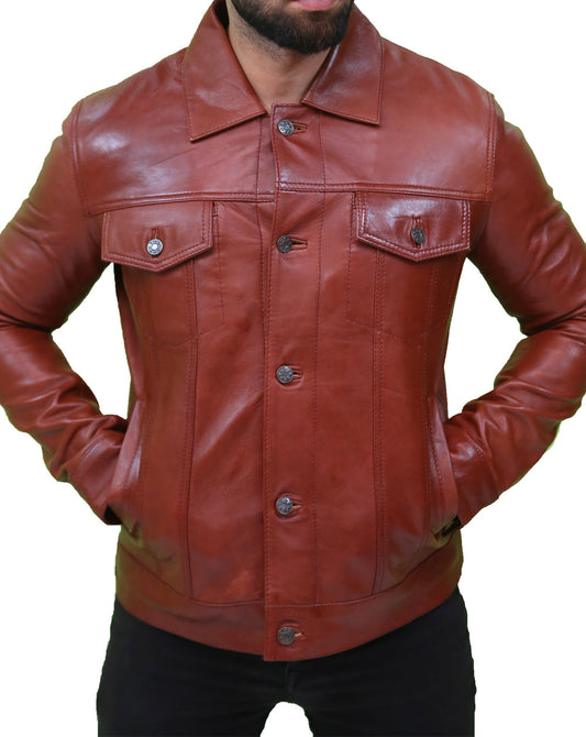 Mens Vintage Classic Brown Leather Trucker Jacket