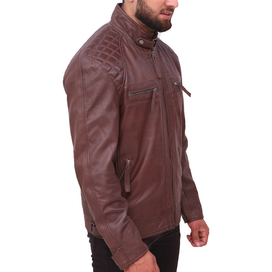 Men's Sheepskin Leather Quilted Brown Jacket