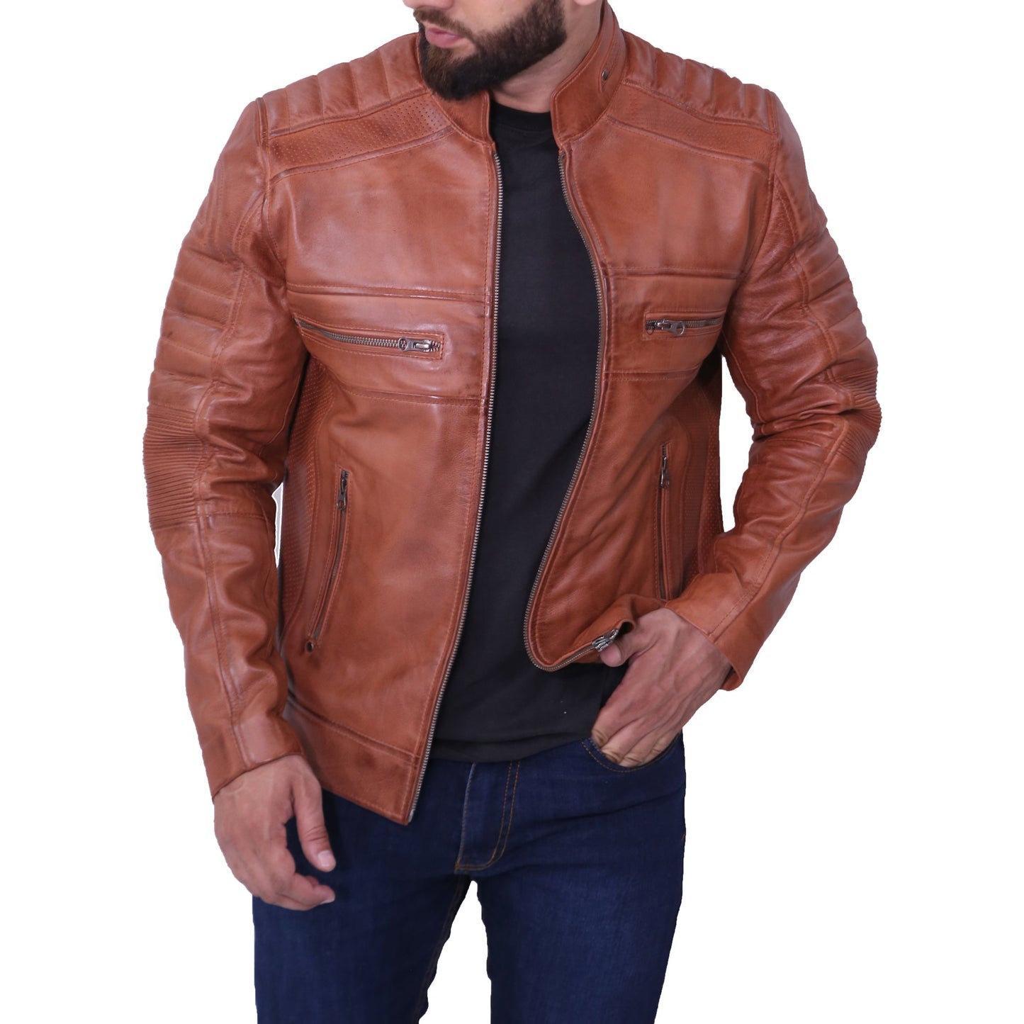 Mens Cafe Racer Brown Leather Jacket