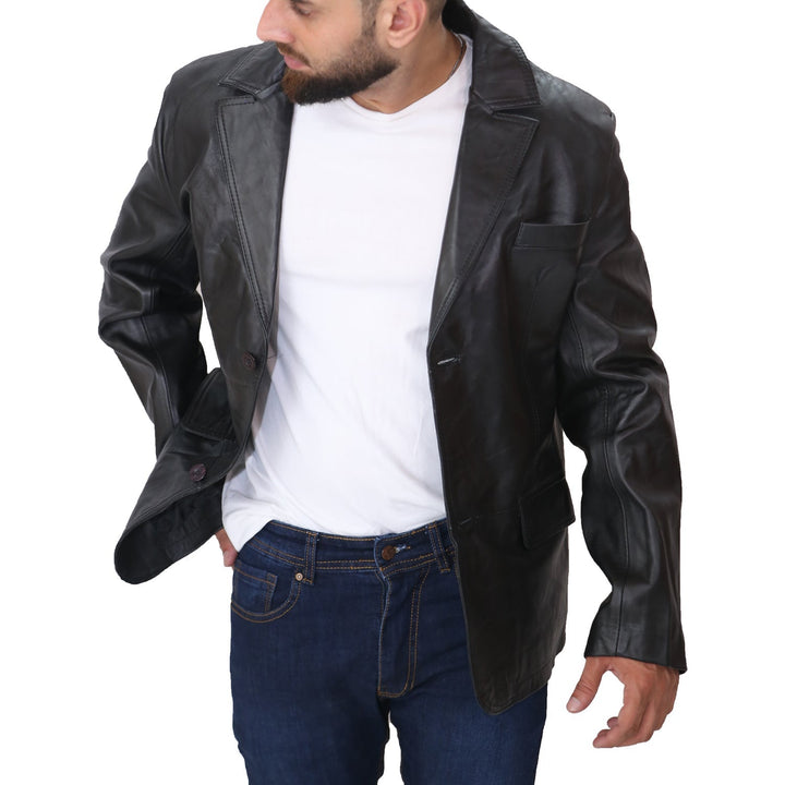 Men's Black Leather Blazer