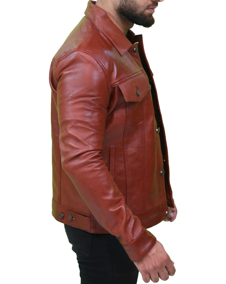 Mens Vintage Classic Brown Leather Trucker Jacket