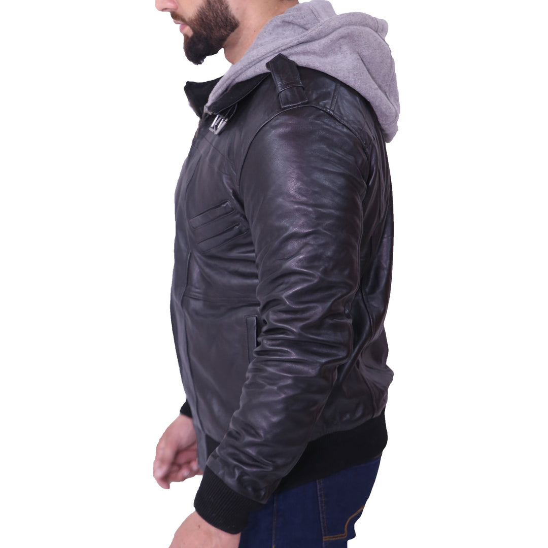 Men Grey Removable Hood Black Leather Jacket