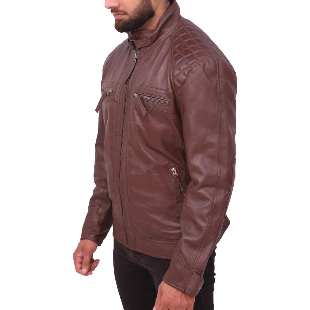 Men's Sheepskin Leather Quilted Brown Jacket