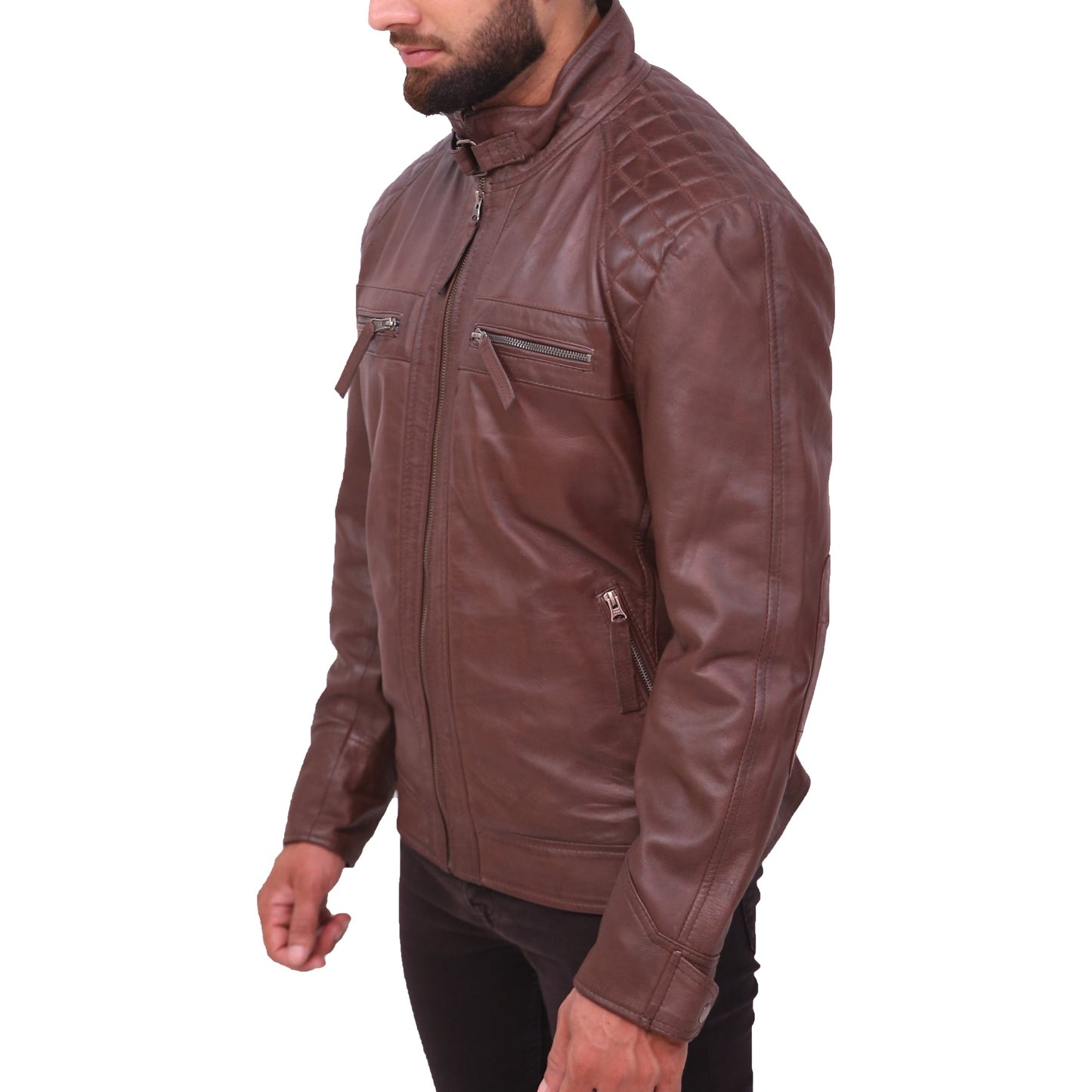Men's Sheepskin Leather Quilted Brown Jacket