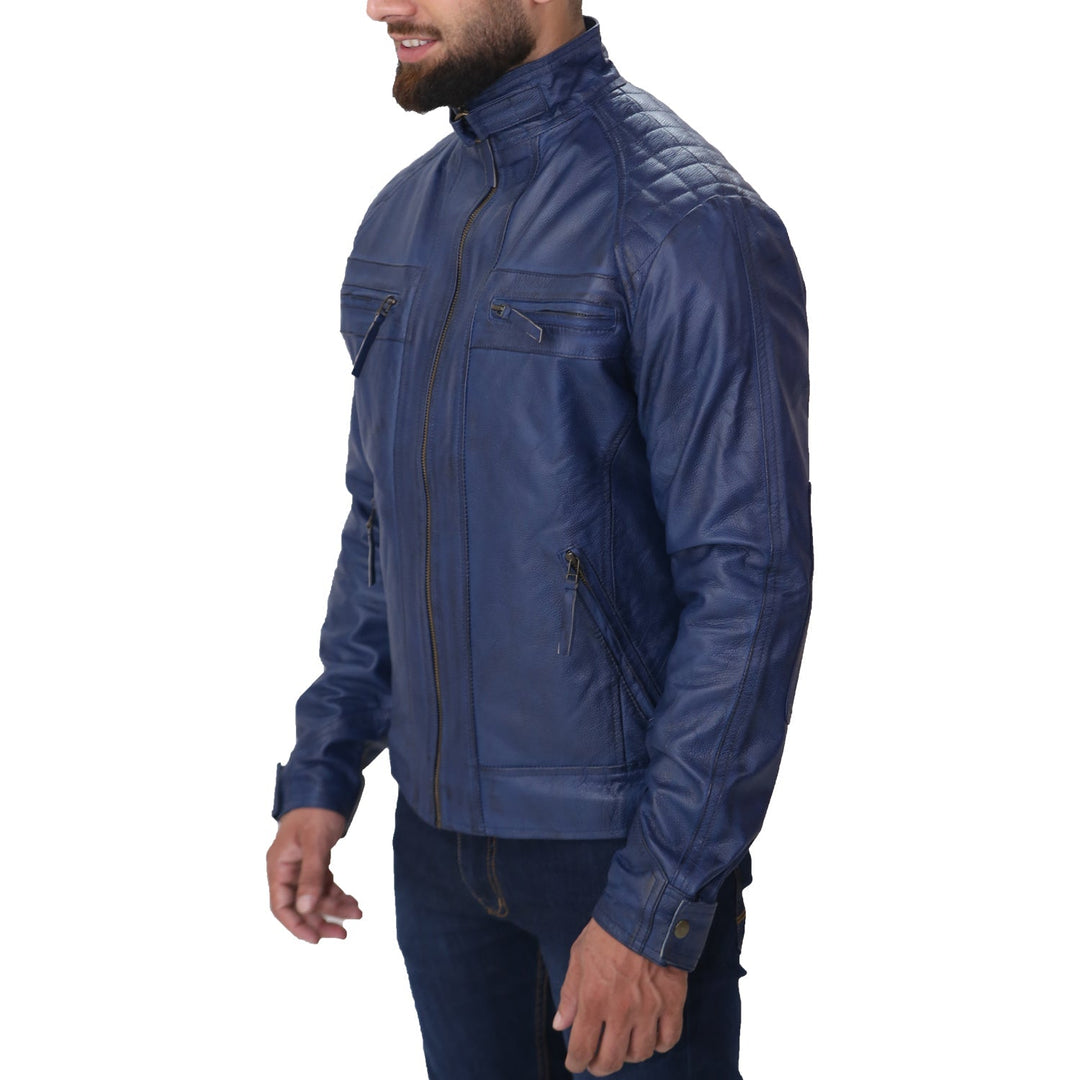 Men's Blue Biker Fashion Slim Fit Pure Leather Jacket