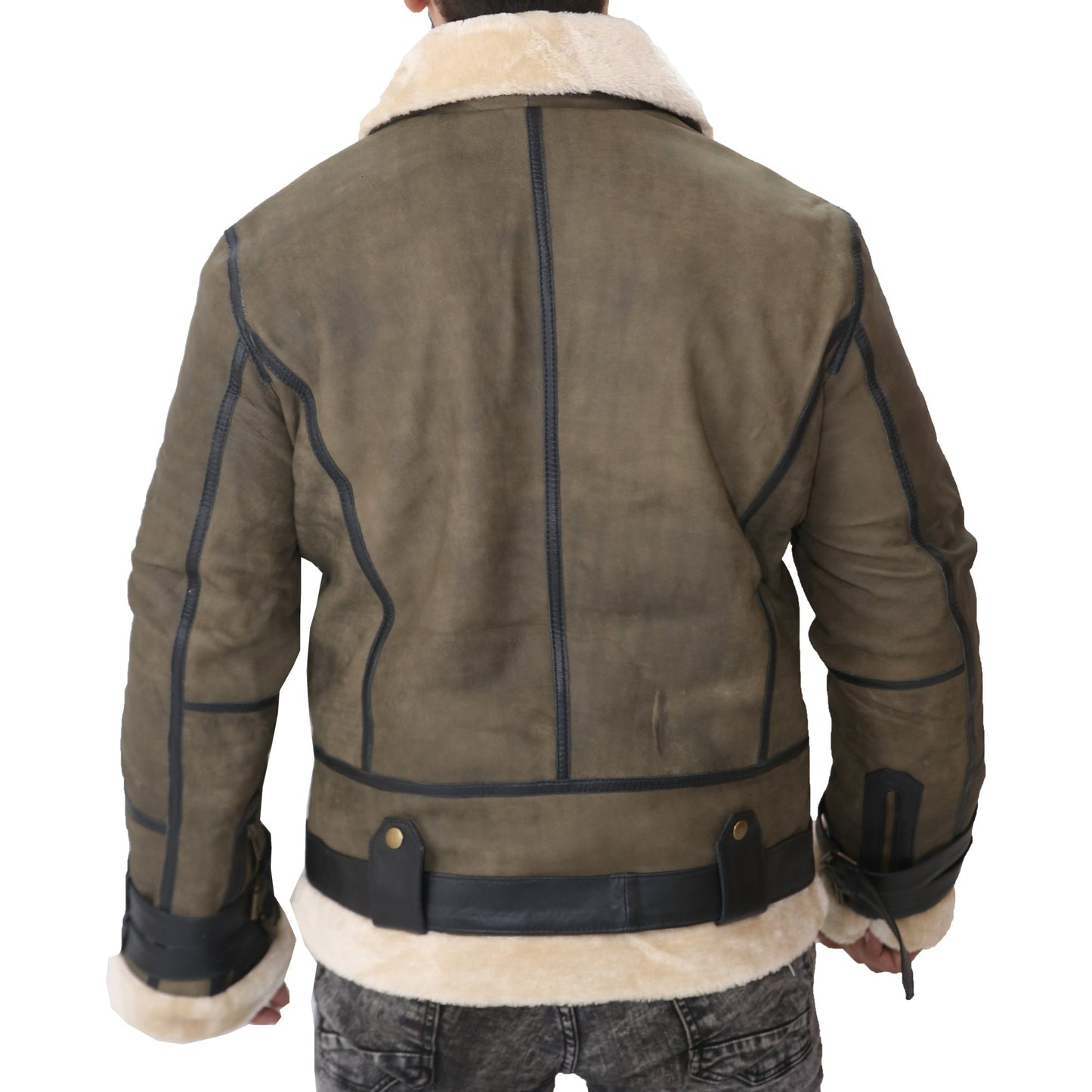 Aviator Bomber Men's Green Leather Jacket with Faux fur
