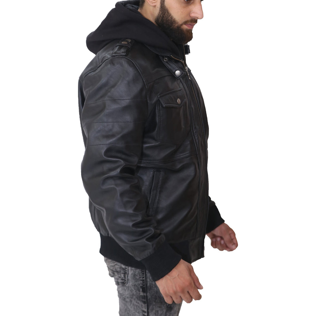 Mens Removable Hood Leather Jacket