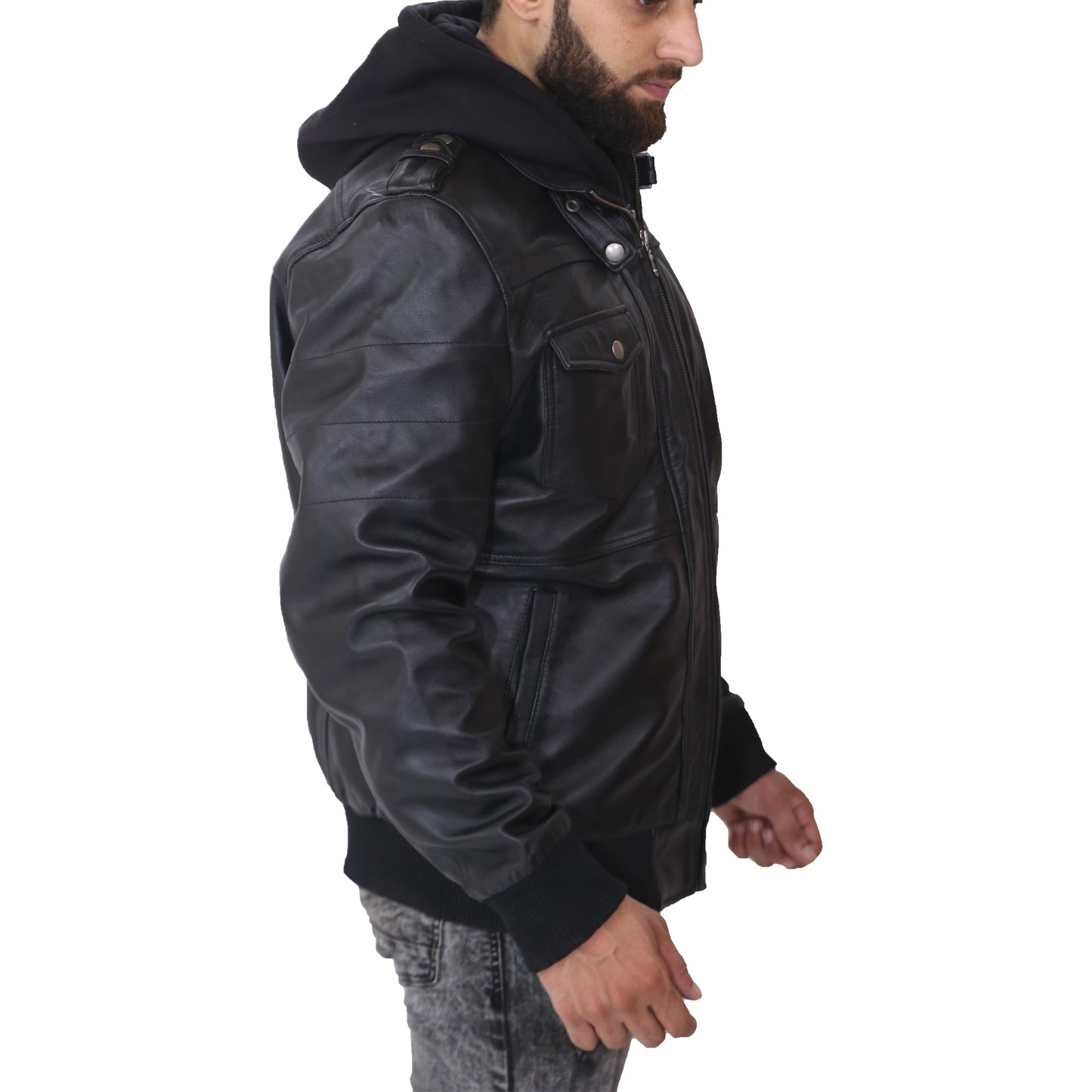 Mens Removable Hood Leather Jacket