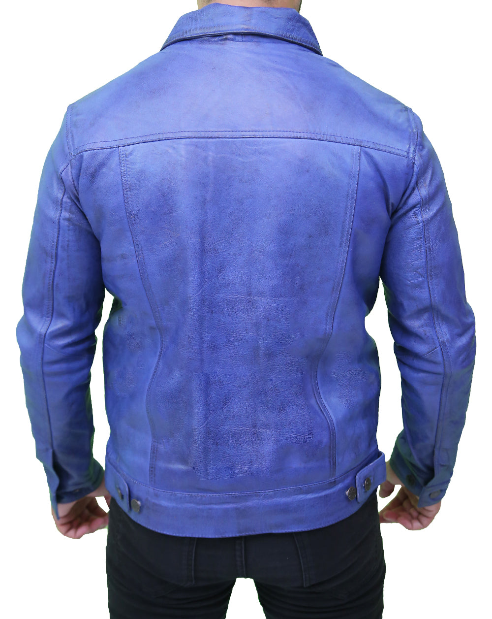 Men's Classic Blue Real Leather Trucker Jacket