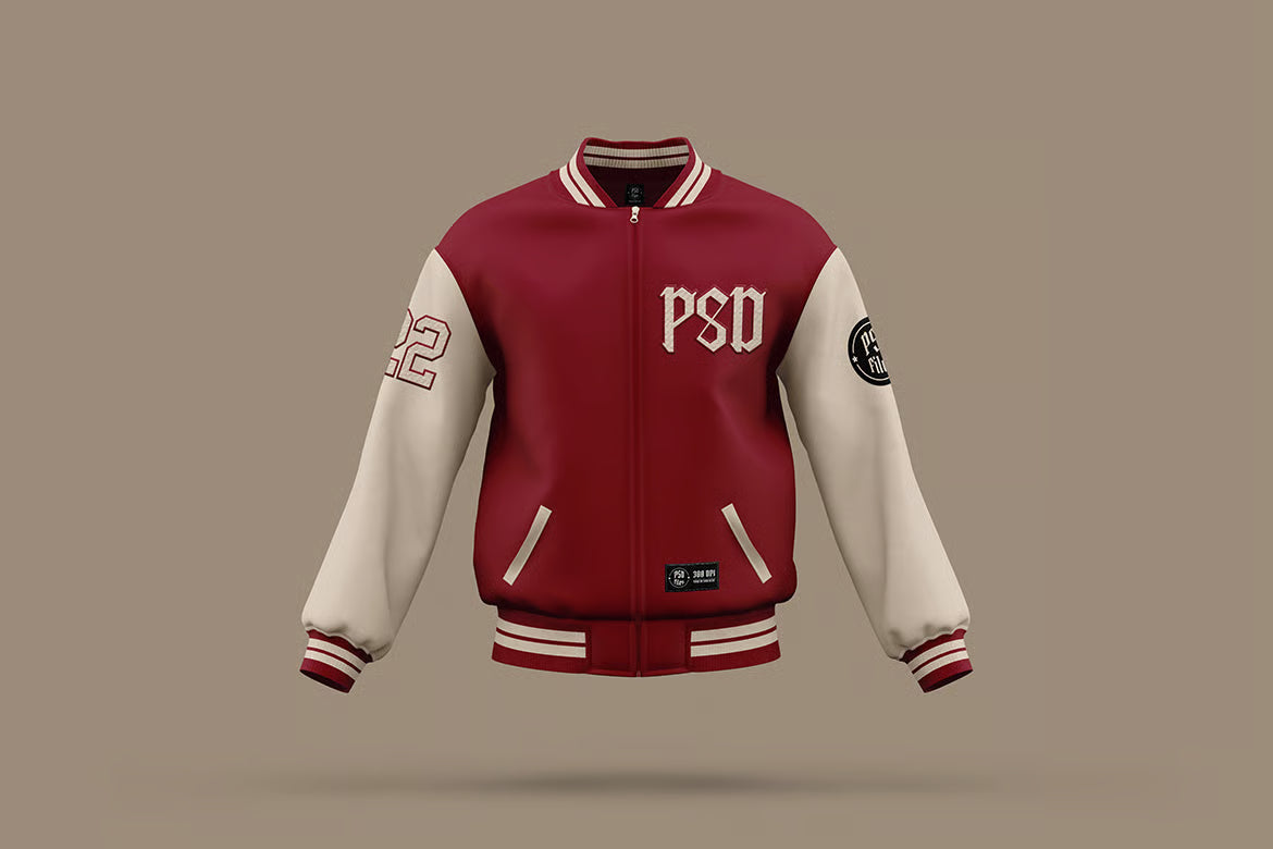 A varsity-style bomber jacket mockup floating against a solid taupe background. The jacket features a deep red body with cream-colored sleeves, red and cream striped ribbed collar, cuffs, and hem, and white gothic lettering on the chest reading 'PSD' alongside a red number '2' on the right sleeve.