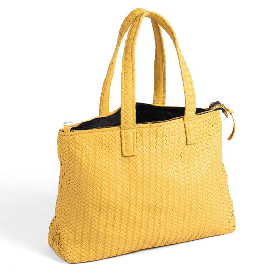 Handmade Woven Original Leather Bag With Zipper-Yellow - Image 1