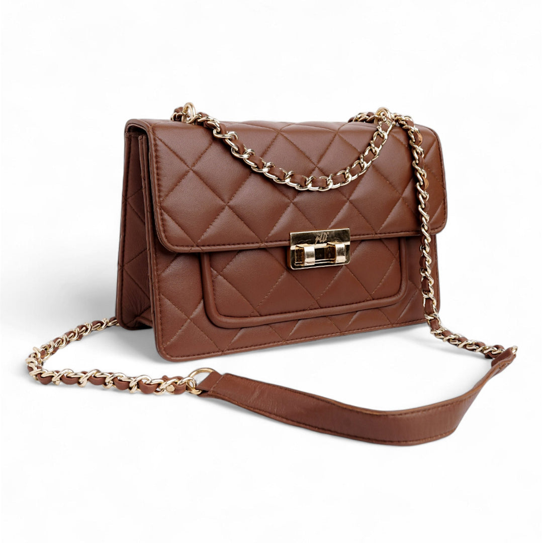 Flora Quilted Crossbody Leather Bag - Tan Brown - Image 2