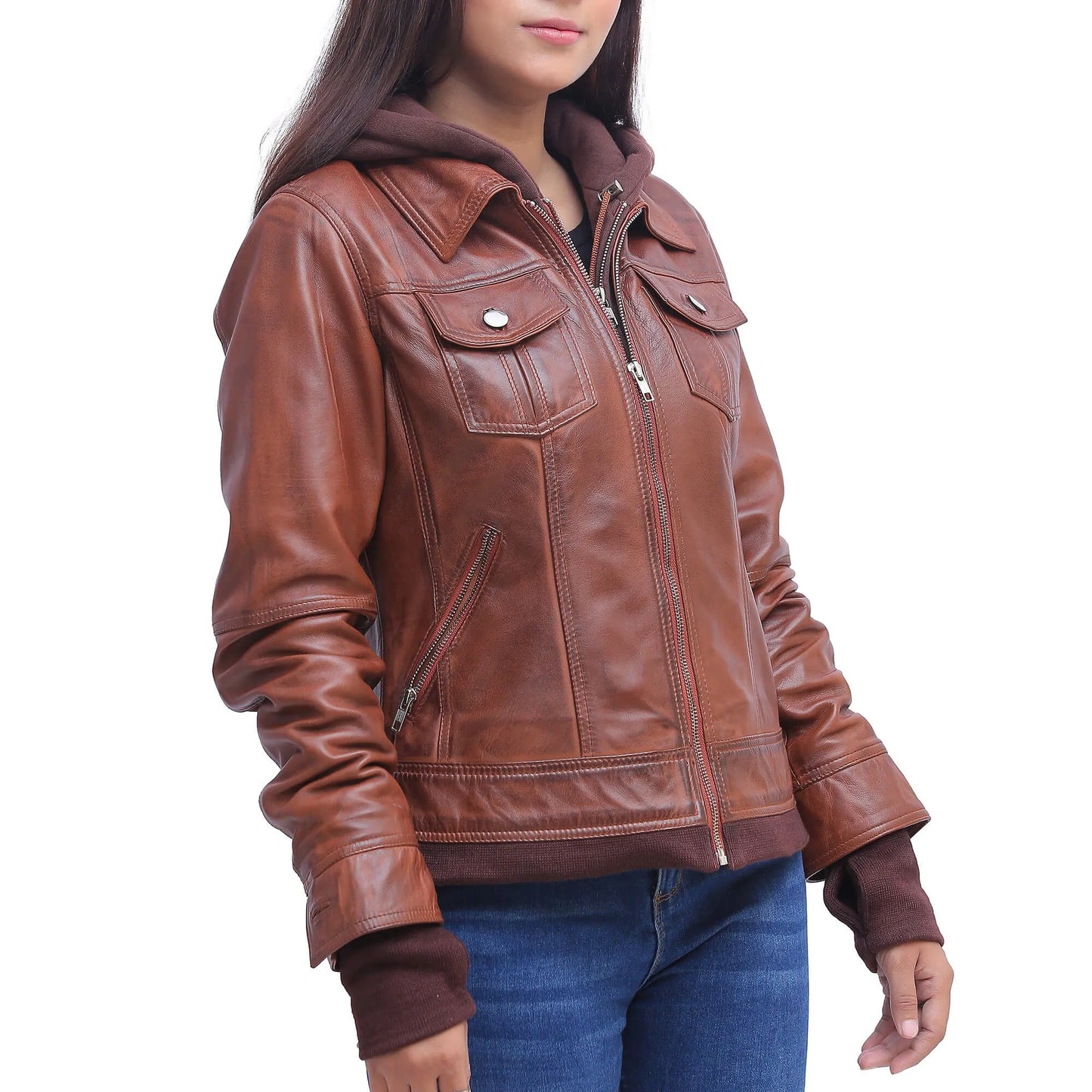 Womens Brown Leather Jacket With Hood