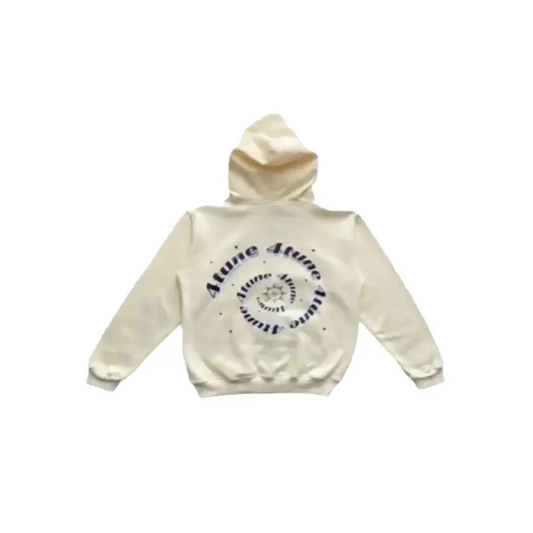 4tune Hoodie with a spiral design and text on the back against a white background