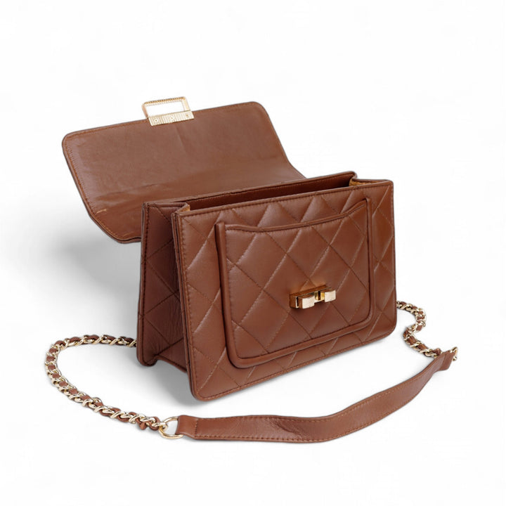 Flora Quilted Crossbody Leather Bag - Tan Brown - Image 6