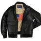 Black leather jacket with American flag lining on a white background
