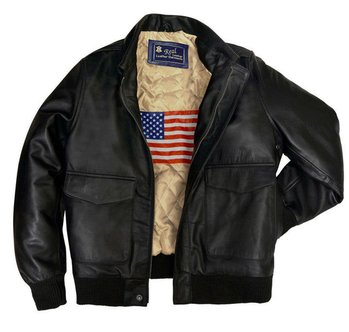 Black leather jacket with American flag lining on a white background