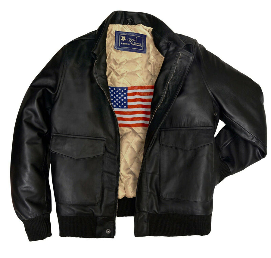 Black leather jacket with American flag lining on a white background