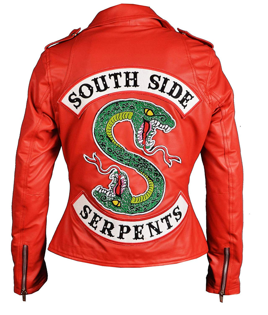 Red leather jacket with 'South Side Serpents' snake graphic on a white background