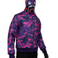 Purple and pink camouflage full-zip hoodie with an aggressive shark face motif printed across the hood.