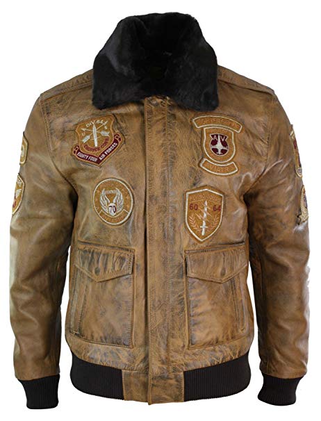 Brown leather jacket with patches and black fur collar on a white background