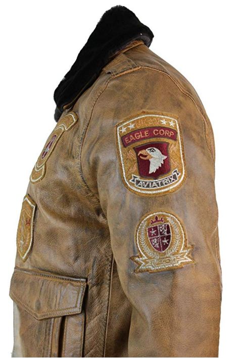 Brown leather jacket with patches on a white background
