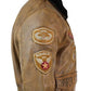 Brown leather jacket with patches on a white background