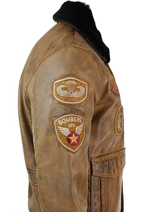 Brown leather jacket with patches on a white background