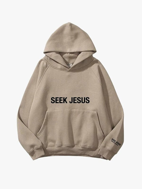 Beige hoodie with 'SEEK JESUS' text on a white background