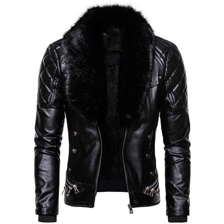 Black leather jacket with fur collar on a white background