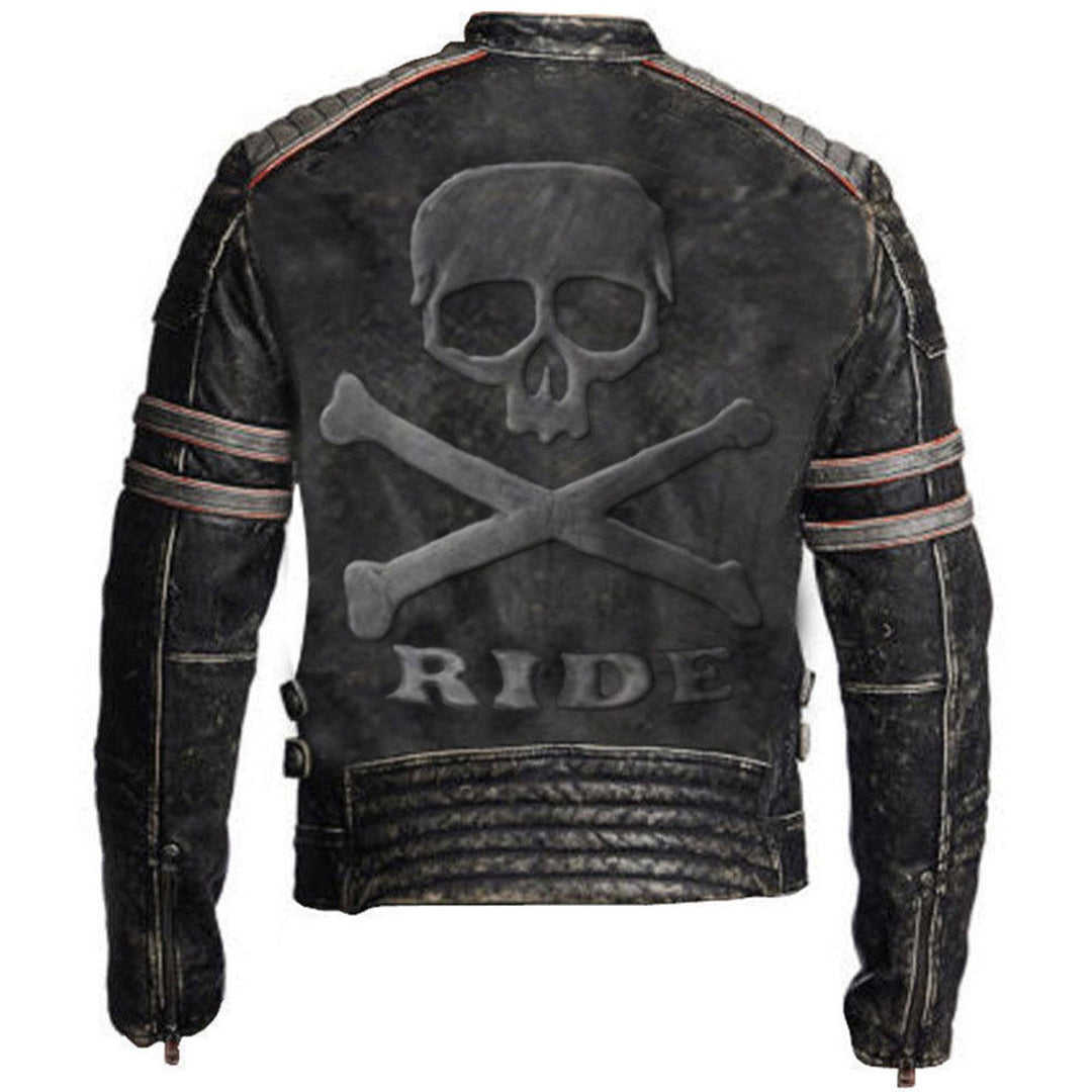 Biker Vintage Distressed Jacket Skull Embossed Logo at back