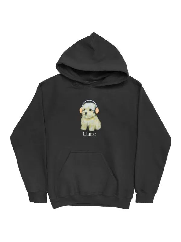 Black Clairo Dog Hoodie with a dog graphic and 'Claro' text on a white background