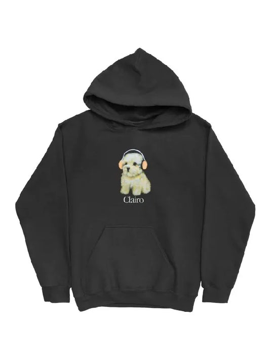 Black Clairo Dog Hoodie with a dog graphic and 'Claro' text on a white background