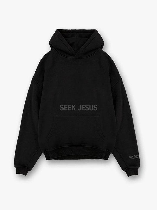 Black hoodie with 'Seek Jesus' text on a white background
