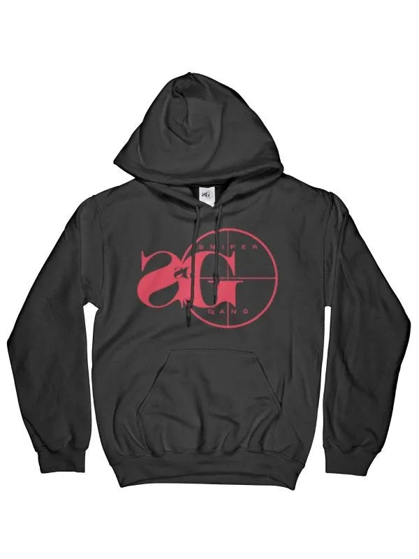 Front view of Black-and-Red-Sniper-Gang-Logo-Hoodie with red logo graphic.