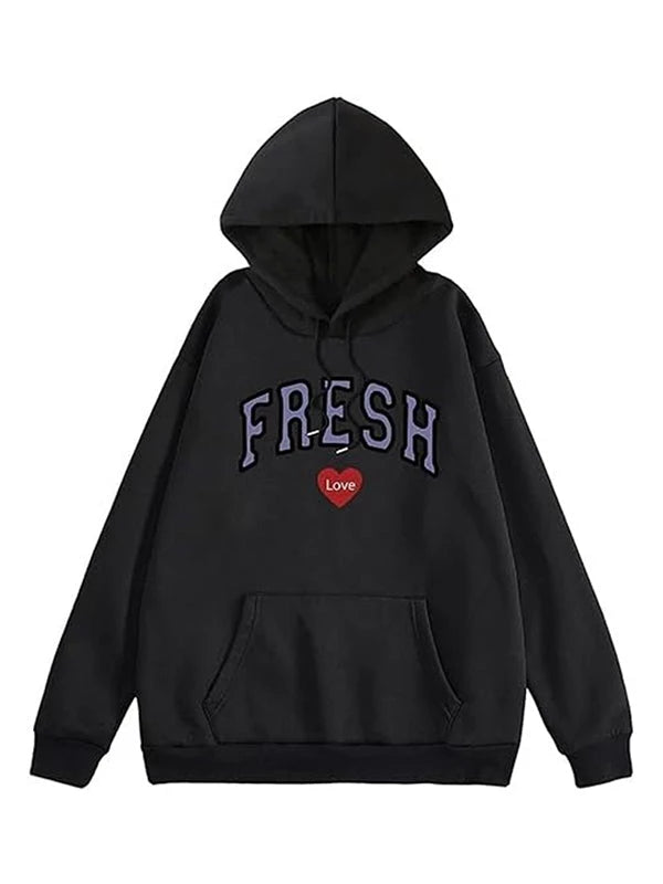Black hoodie with 'FRESH' text and a red heart on a white background