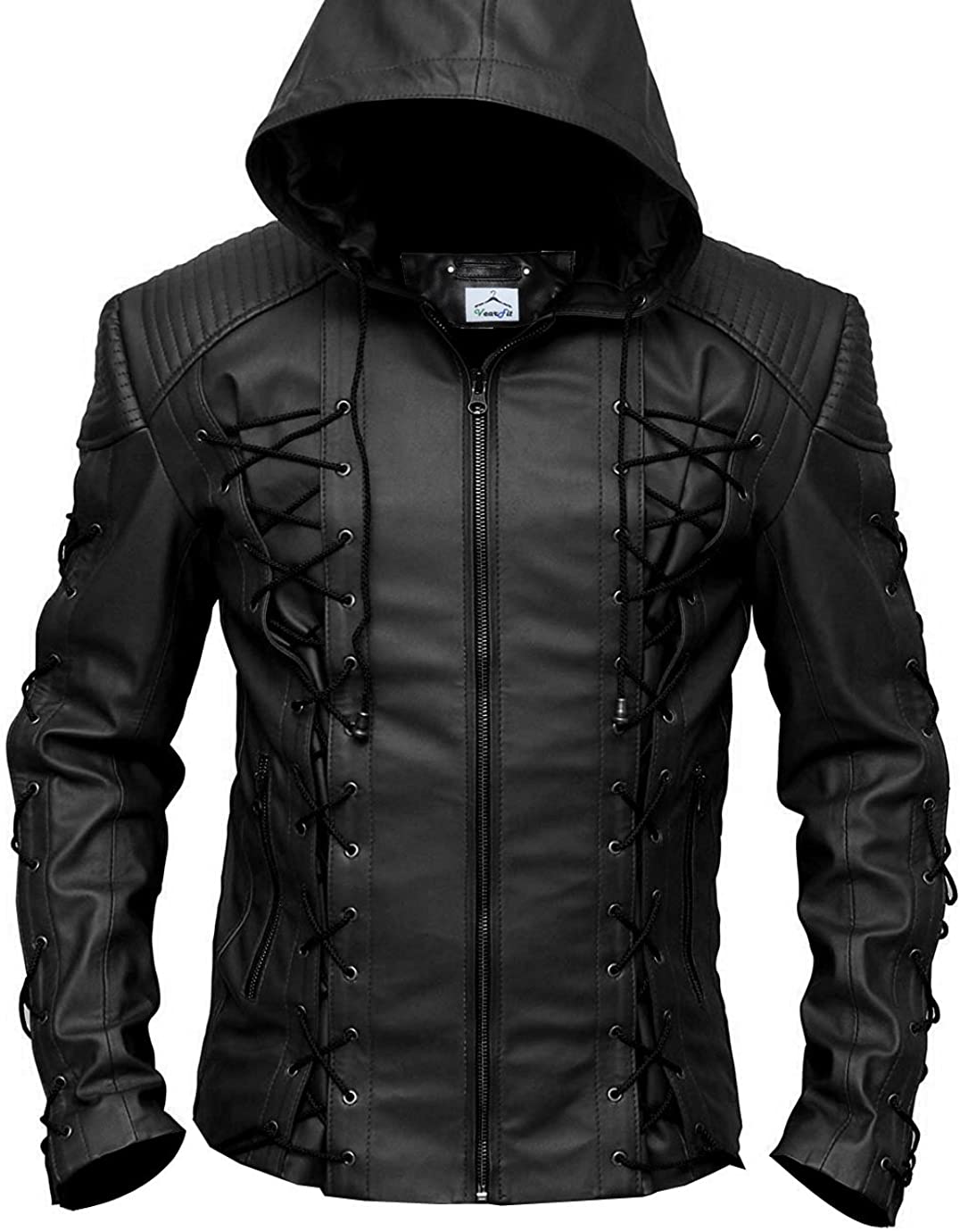 Black hooded jacket with lace-up details on a white background