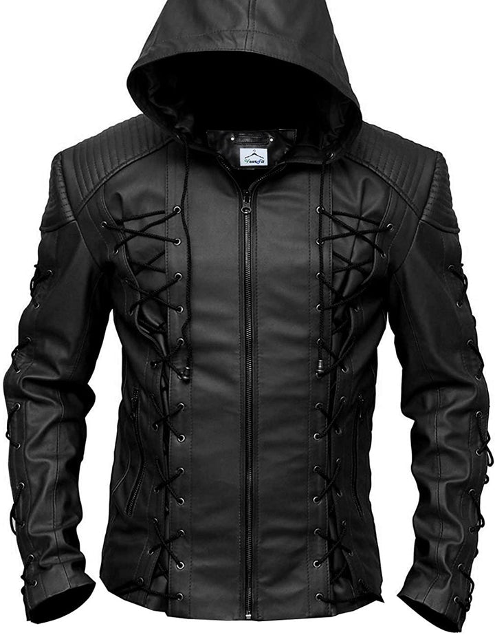 Black hooded jacket with lace-up details on a white background