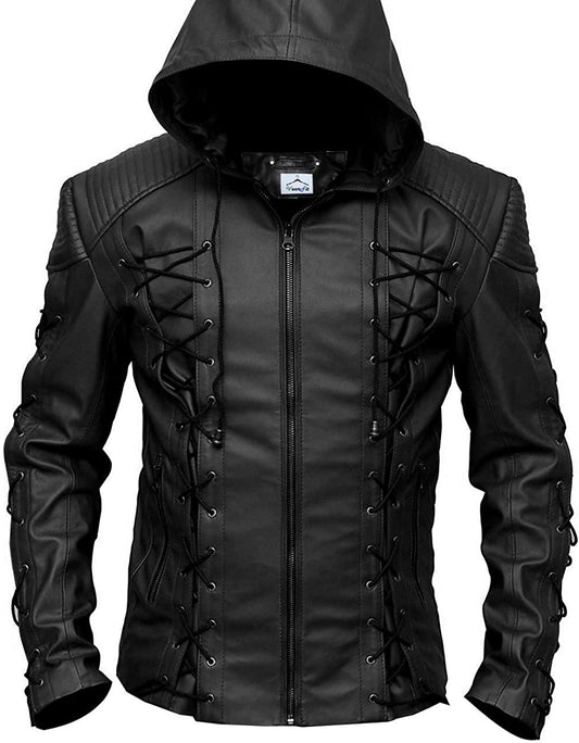 Black hooded jacket with lace-up details on a white background