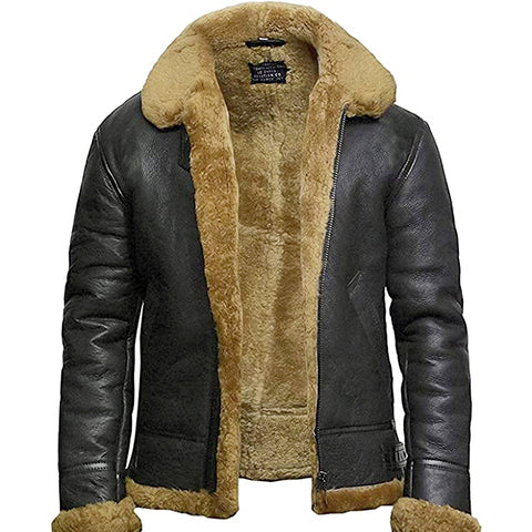 Black leather jacket with beige fur lining on a white background