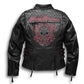 Black leather jacket with red embroidery and 'Harley-Davidson' branding on a white background