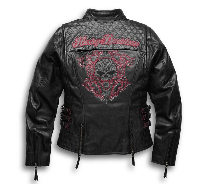 Black leather jacket with red embroidery and 'Harley-Davidson' branding on a white background